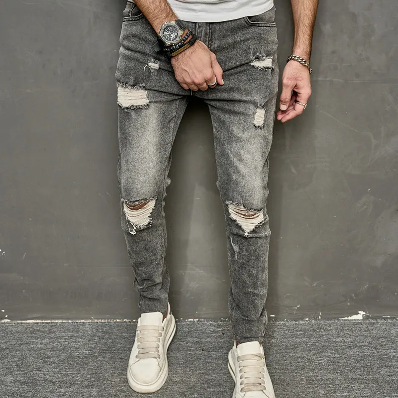 Hommes gris fumée Stretch jean moulant mode déchiré trou Vintage bords bruts Hip Hop Denim pantalon jeunesse Streetwear pantalon