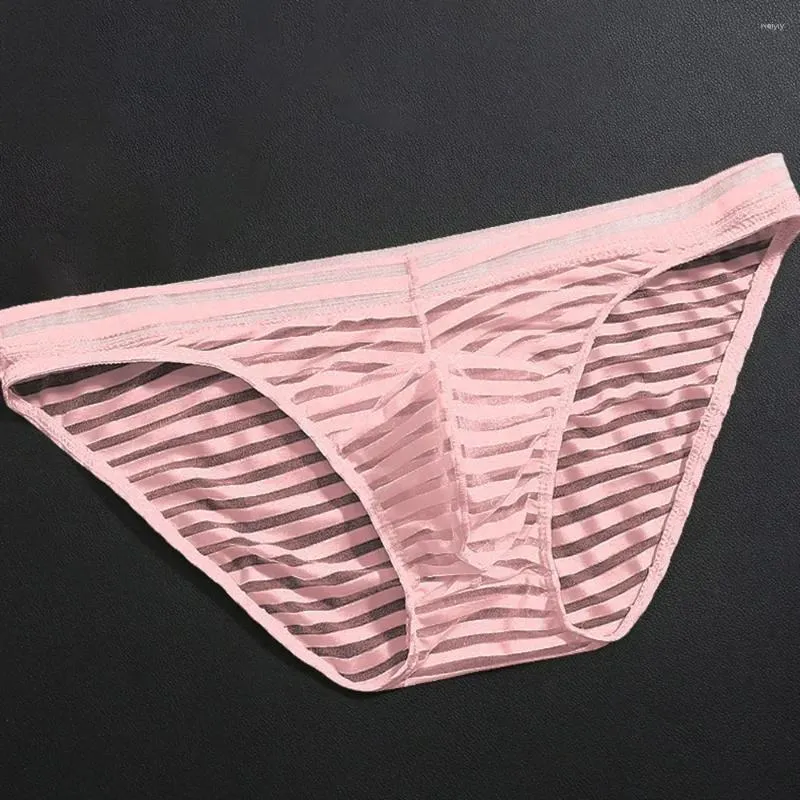 Underpants Men's Sexy See-through Ice Silk Men Underwear Briefs Mesh Sheer Pouch Stretchy Striped Panties Transparent Thin Thongs Lingerie