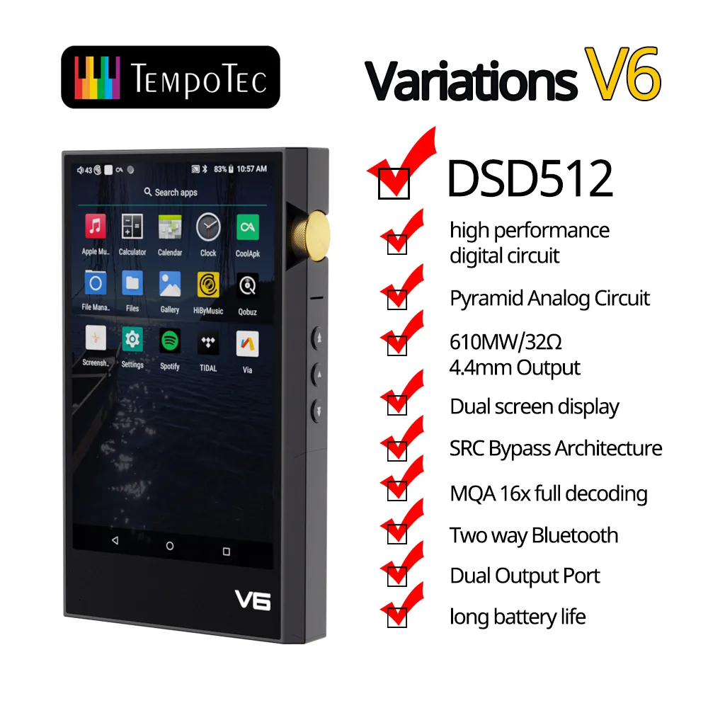 Mp3 mp4 jogadores tempotec v6 DAP Android Hifi Music Player mp3 portátil dual portátil AK4493SEQ DAC DSD512 WIFI Bluetooth MQA Bluetooth Tidal Spotify 230404