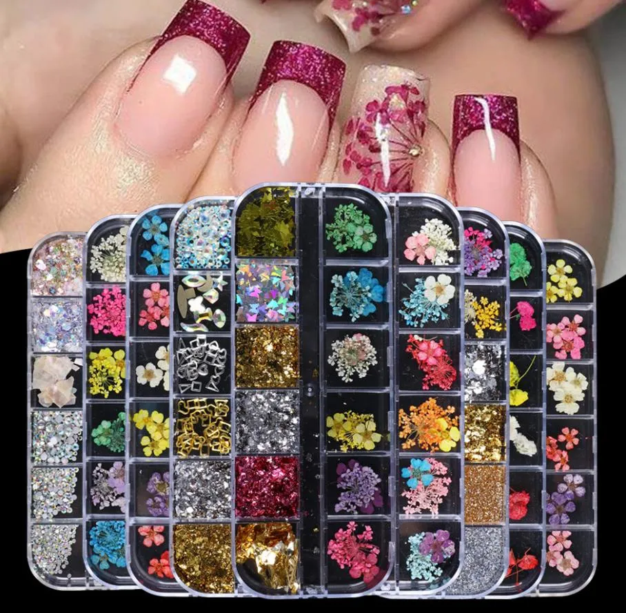 Dried Flowers Nail Art Kit Natural Real Floral 3D Decorations Sticker DIY Design Accessories Nails Tips Decals2070352