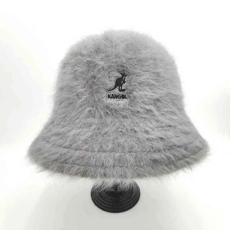 Kangol Damenbucket Hut Kaninchenfell Becken Hut Damen Wärme Individualität Trend Känguru Stickerei warmer Fischerhut Hut