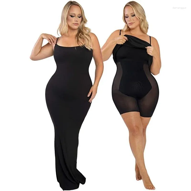 Kvinnors Shapers inbyggda formkläder slip midi lounge klänning Bodycon 2 i 1 kvinnor Leeveless rygglösa kropps shaper klänningar