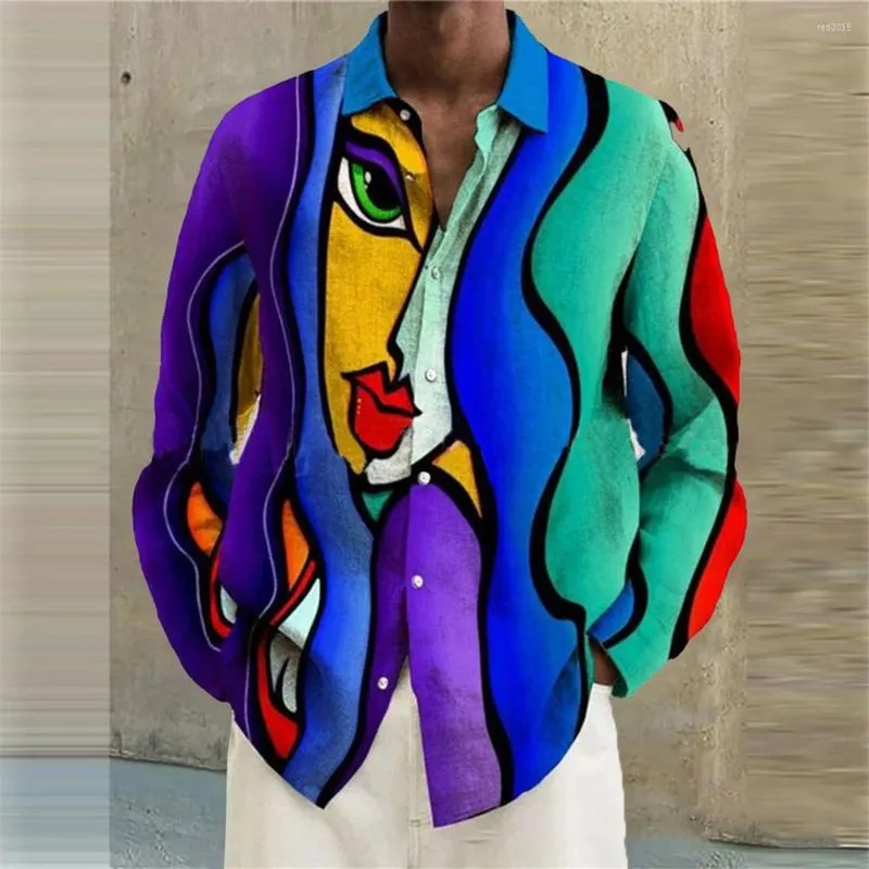 Men's Casual Shirts Mens Designer Clothes Funny Shirt Face Artistic Printed Long Sleeve Loose Blouse Button Down Streetwear Tops