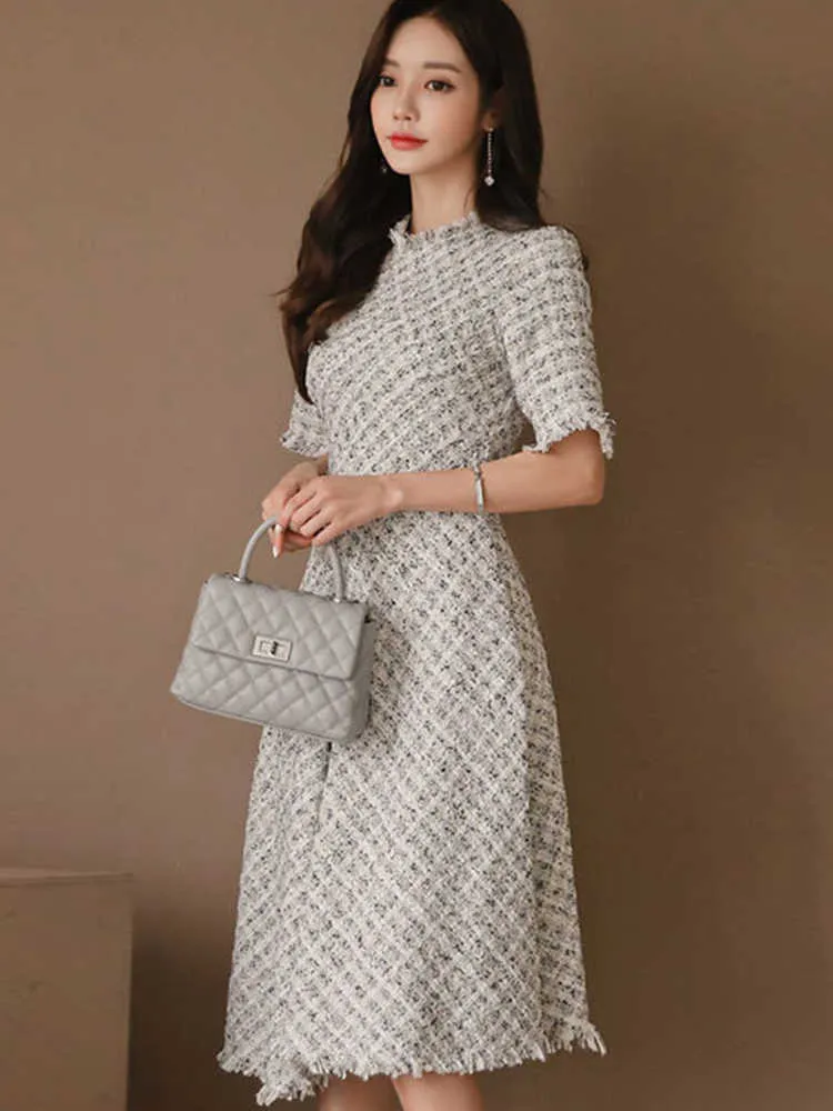 knee length dresses for ladies Happy Clothing White Tweed A Line Midi Dress in White
