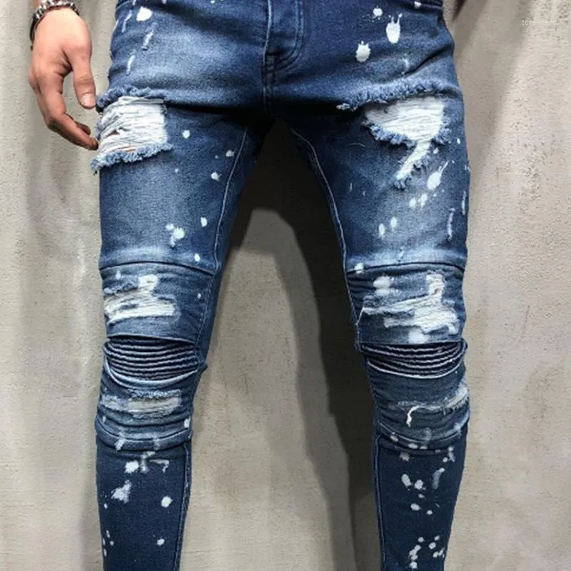 Herren-Jeans zerrissene Stretch-dünne Plissee-Sprühfarbe-FußhoseMänner