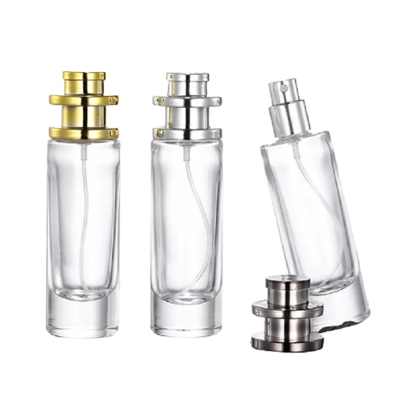 Nachfüllbare Parfüm-Glasflasche 30 ml Verpackung leerer runder tragbarer Behälter Gold-Silber-Grau-Abdeckung Spary Press Pump Packaging Cosmetic