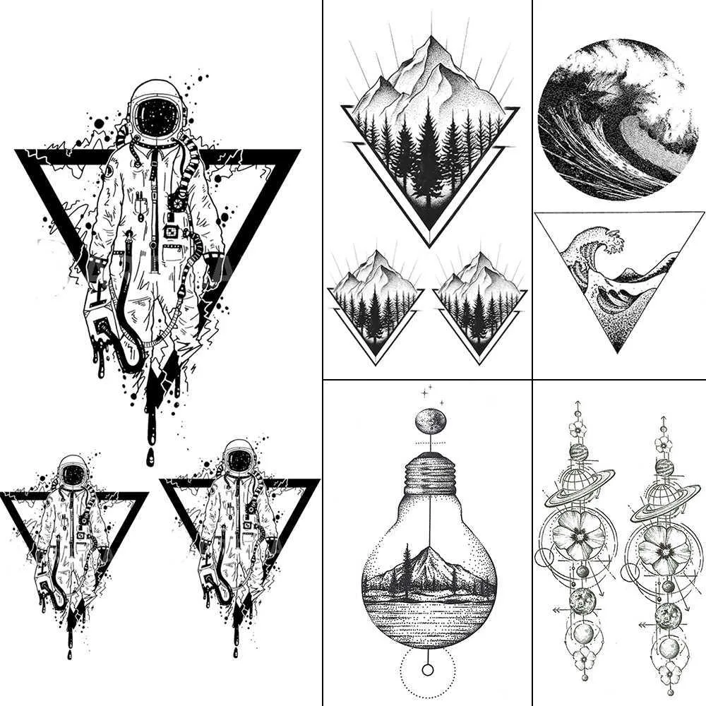 5 PC Tatuaggi Temporanei FANRUI Triangolo Nero Tatuaggi Temporanei Donne Braccio Geometrico Astronauta Art Tattoo Adesivi Pianeta Trasferimento Acqua Tatto Space Man Z0403