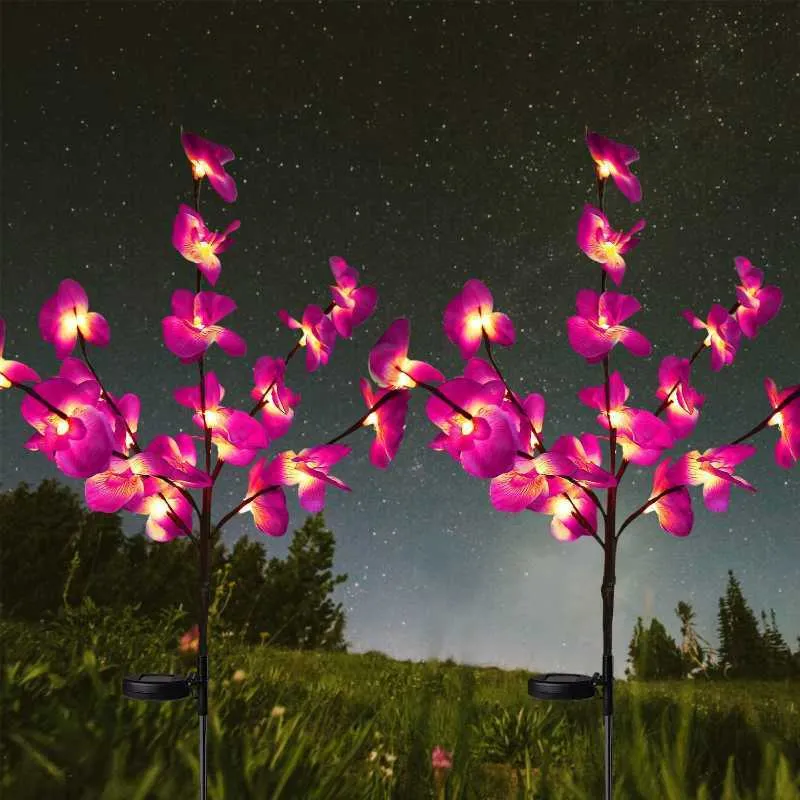 Novelty Lighting Solar Lights Outdoor Orchid Rose Flower Garden Lights Decoration Orchid Tree Branch Solar Lamp LED Simulation Flower Lawn Lamp P230403