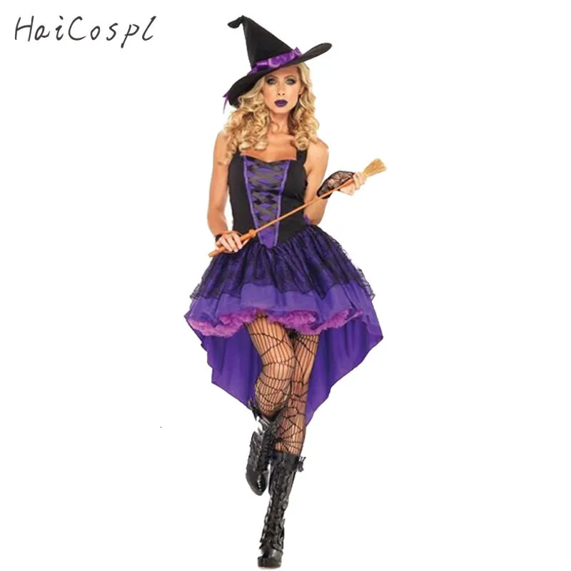 Costume a tema Plus Size XXL-S Strega di Halloween da donna Adulto Sexy Viola Coda di rondine Stand Cappello Vestito da festa di carnevale Set 230404