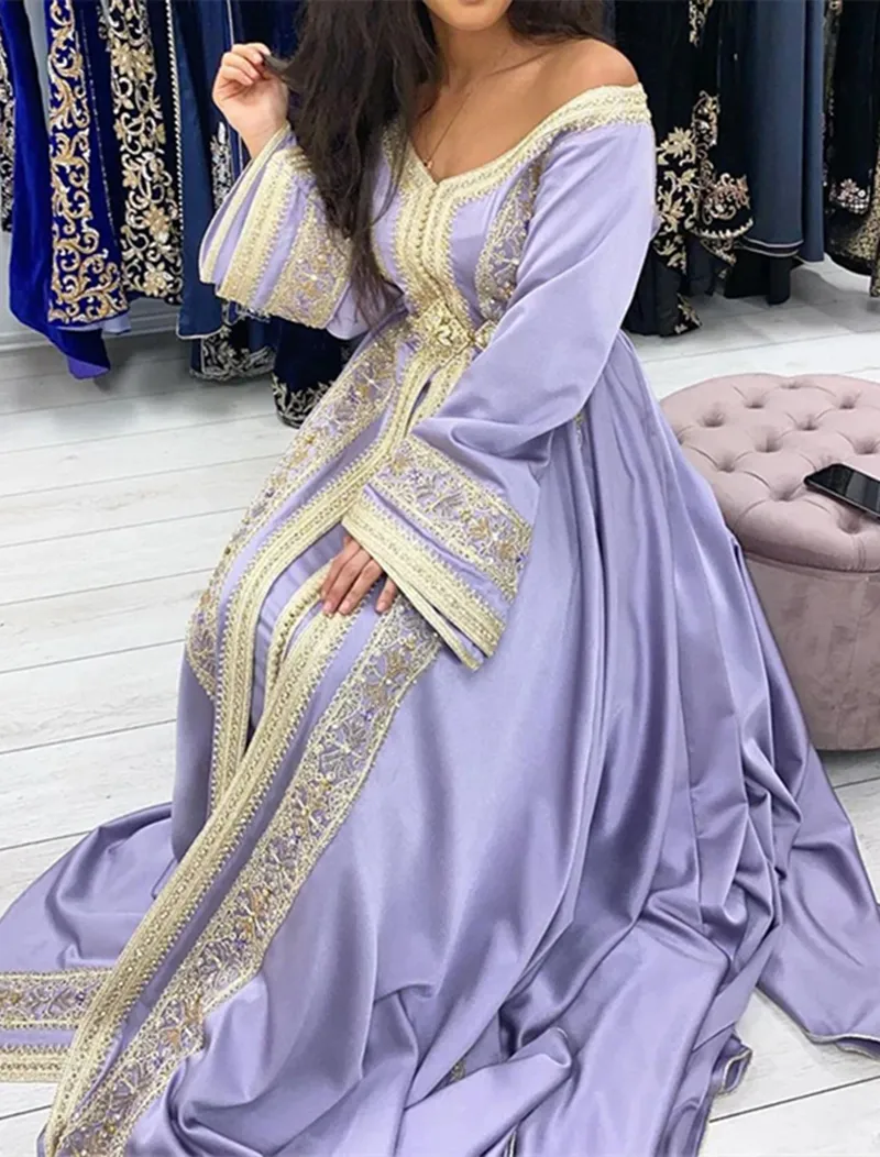 Satin Moroccan Kaftan Evening Dress with Square Neckline and 3/4 Long  Sleeves, Empire Waist, Sweep Train, Lace Appliques, Built-in Bra for Women