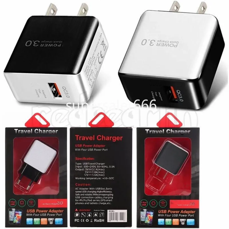 18W QC 3.0 Fast Wall Charger USB Snabbladdare US EU Plug -adapter för iPhone 12 13 14 15 Pro Samsung S10 S9 Xiaomi S1