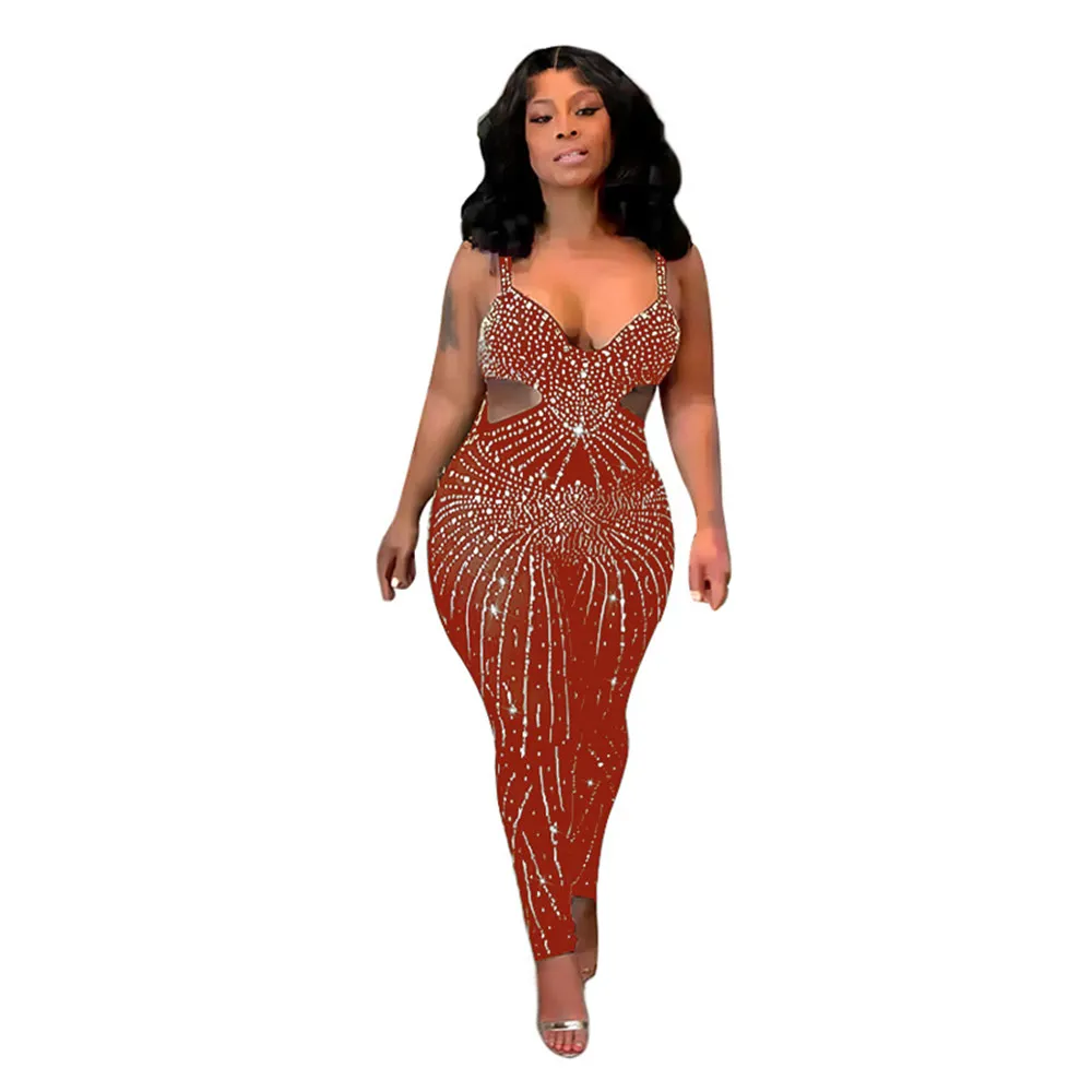 Designer Rhinestone Diamonds Jumpsuits Women Spaghetti Straps Rompers Sexy Mesh Sheer See Through Jumpsuits Party Night Club Wear Wholesale Clothes 10331