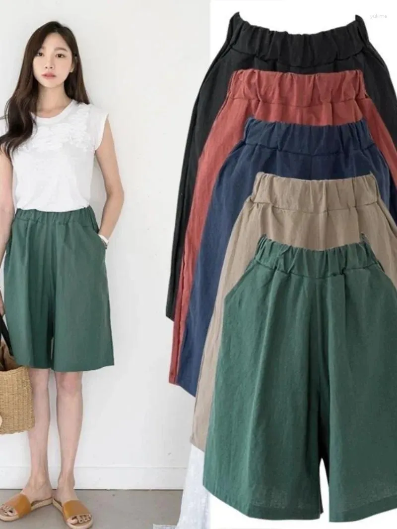 Women's Pants Summer Shorts For Women Cotton Linen Elastic Waist Knee-length Solid Color Wide Leg Short Loose