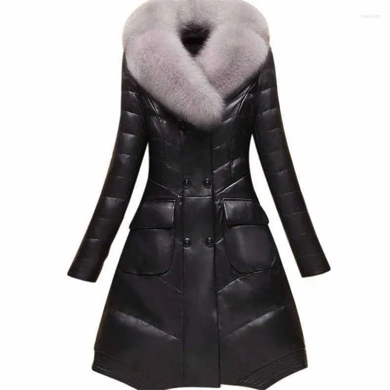 Manteau en cuir pour femme, vêtement d'automne et d'hiver, mi-long, avec grand col en fourrure, veste en duvet de coton épais et chaud, vêtements d'extérieur, 2023