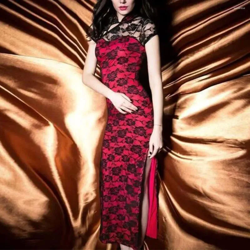 Ethnische Kleidung Chinesische Frauen Cheongsam Retro Stil Elegante Spitze Vintage Doppelschichtig Hohe Split Für