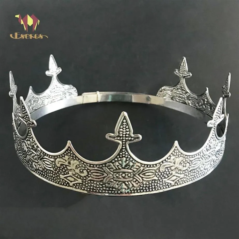 Eseres King Crown for Man Hela runda justerbara forntida silver Tiara Bröllop hårtillbehör D19011103215f