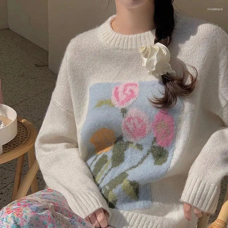 Kadın Sweaters Hstar Sonbahar Kış Kışları Rose Baskı Baskı Korşu Stil Sokak Şık İns Triko Külot Üst Kıyafetler