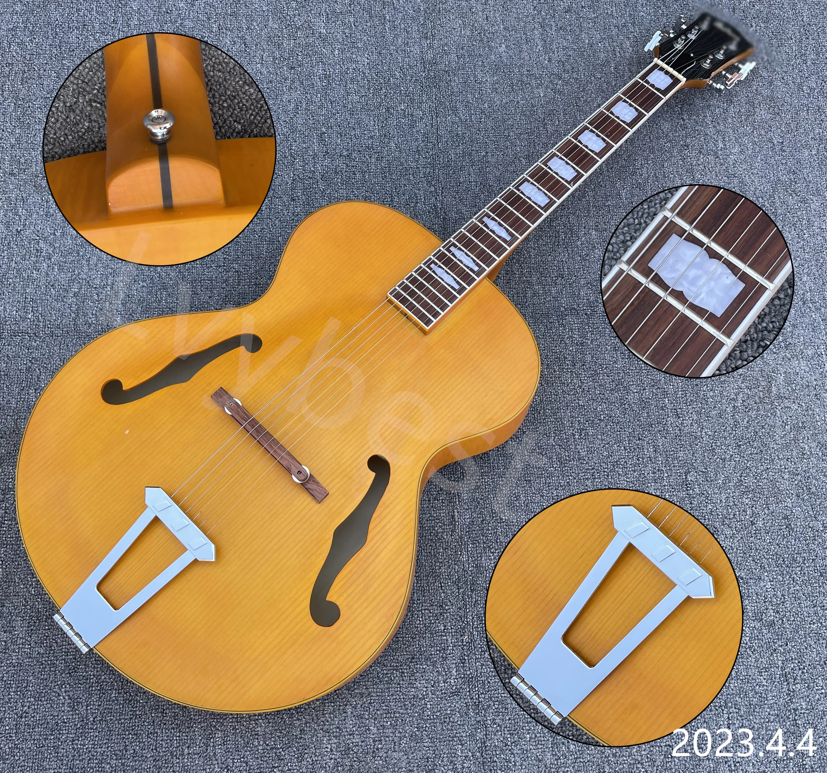 Guitare électrique jazz à corps creux, relique jaunâtre, pièces chromées semi-brillantes, longue queue, sans électronique, effet sonore en bois acoustique