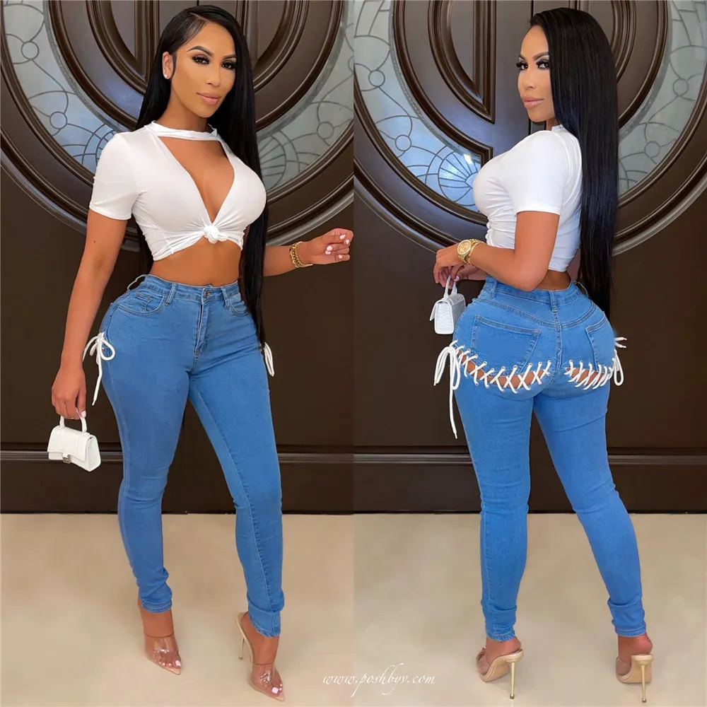 2023 Designer Denim Pantalons Femmes Jeans Sangle arrière Bandage élastique Jeans Mode Vintage Skinny Jeans déchirés Pantalon bleu Streetwear Vêtements en gros 9647