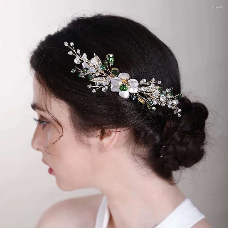 Haarspangen, Haarspangen, Kopfbedeckungen, grüne Strass-Blume, Braut-Haarschmuck, modischer handgefertigter Hochzeits-Kopfschmuck, Kristall-Kopfbedeckung für Frauen, Steckkamm