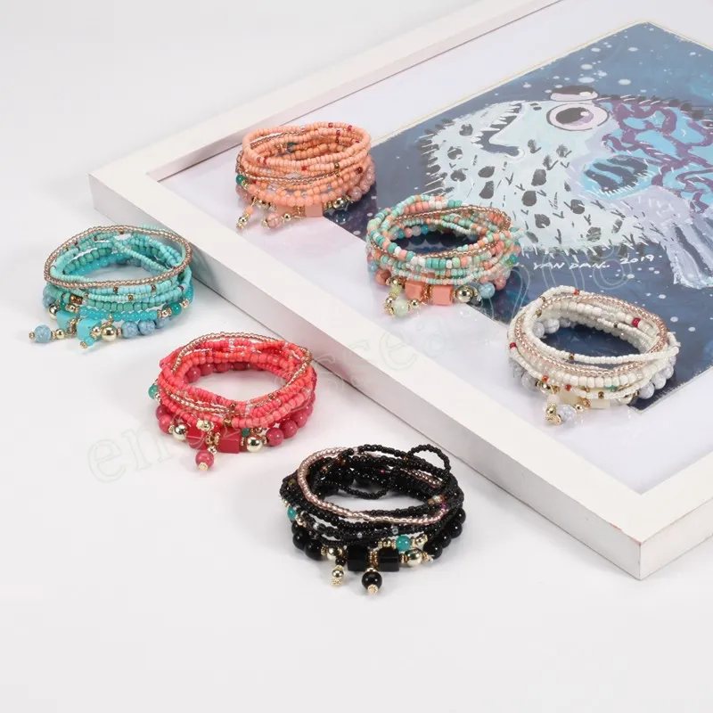 Bracelet bohème en perles de cristal acrylique pour femmes et filles, ethnique multicolore, corde élastique, brin