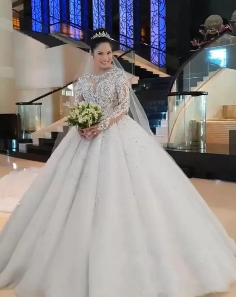 2023 arabski Aso Ebi koronkowa zroszony suknia ślubna suknia balowa z długimi rękawami seksowne suknie ślubne sukienki ZJ62224