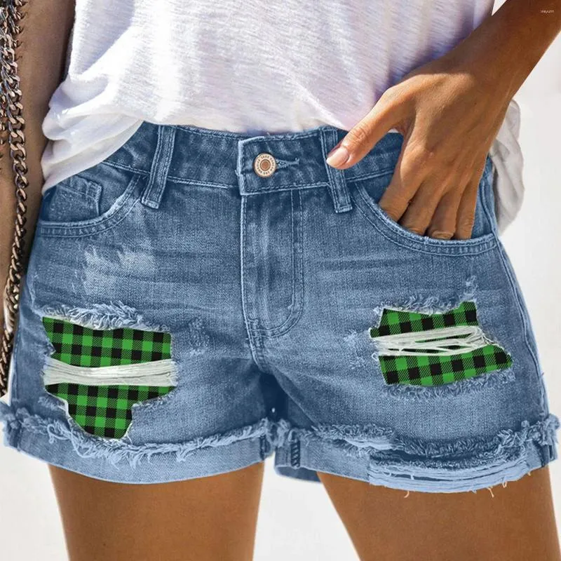 Shorts pour femmes mode sexy stretch patchwork trou imprimé poche évasée denim