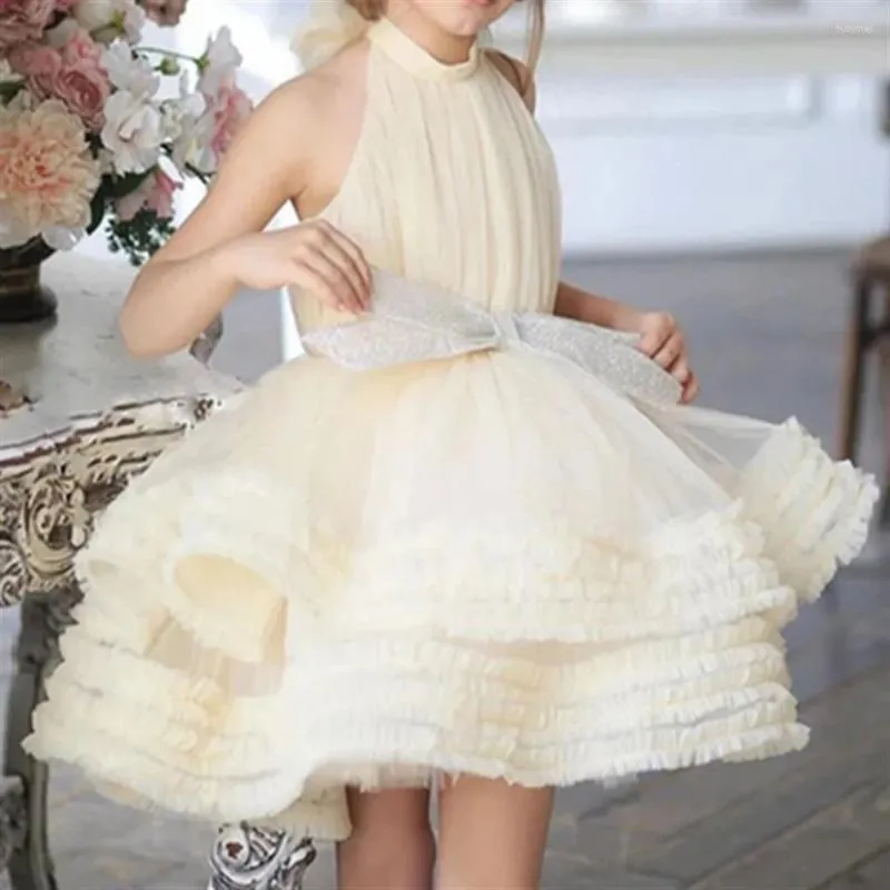 Abiti da ragazza Tulle senza maniche a strati Fiocco Principessa Fiore Matrimonio Festa Ballo Concorso di bellezza Comunione Regalo per bambini Celebrazione