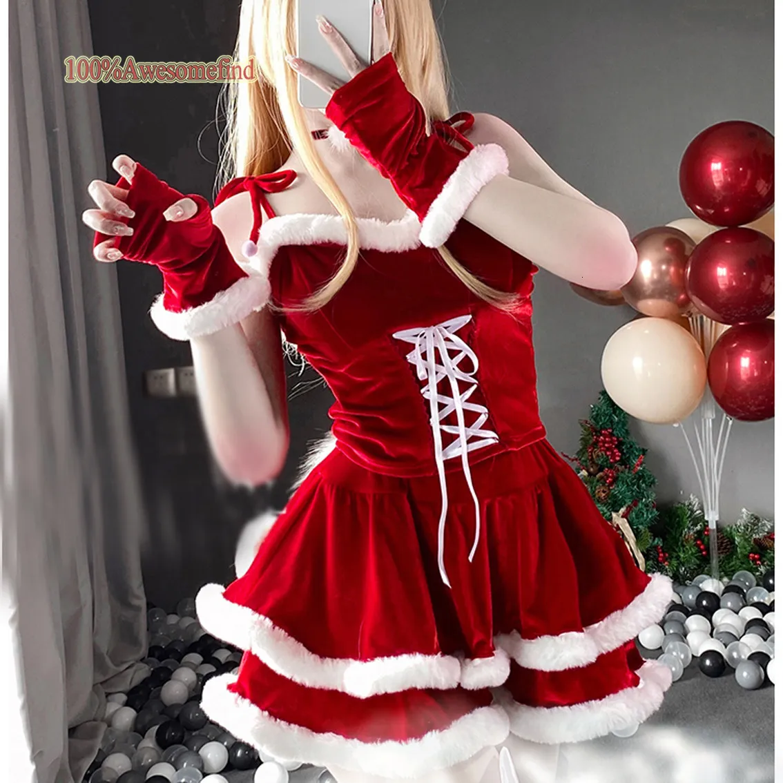 Traje de tema feminina feminina senhora Papai Noel Rap Playing Winter Red Top Top Sexy Roupa Rabbit Vestido de Fantasia de Rabbit 230404