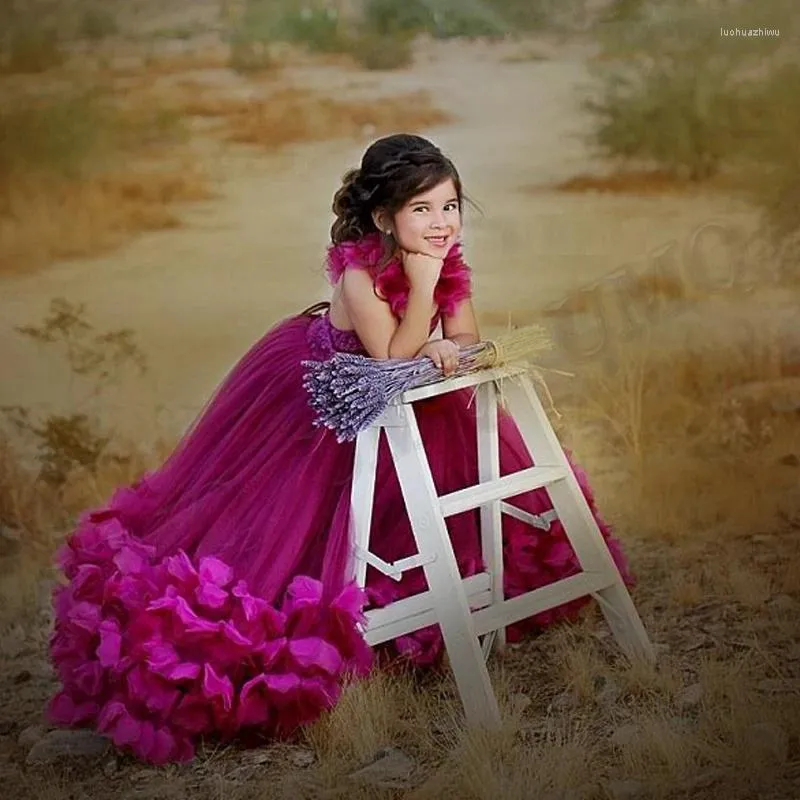 Abiti da ragazza Viola Palla delicata Fiore per bambini Tulle Costumi di compleanno Abito da modellazione per matrimonio Goccia all'ingrosso Personalizza