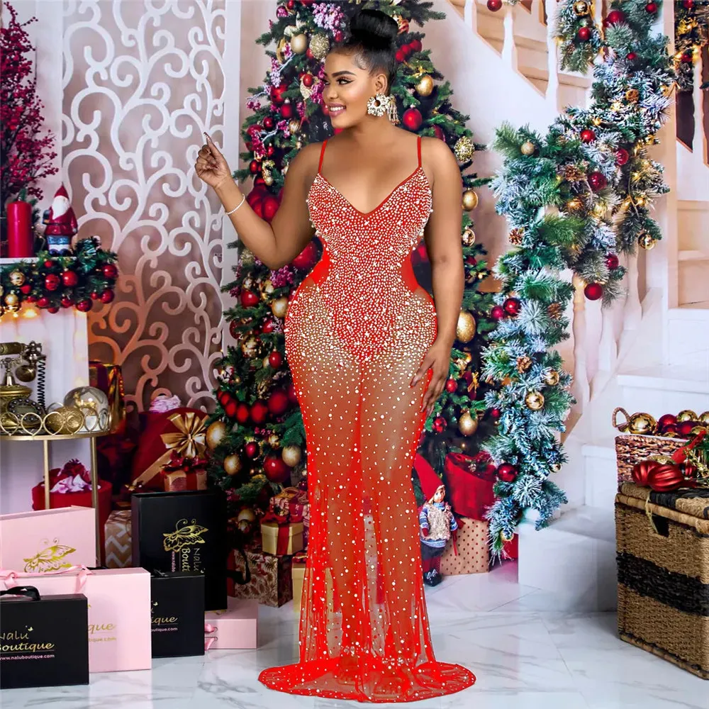Designer Sexy Rhinestone Diamonds Dresses Women Luxury Spaghetti