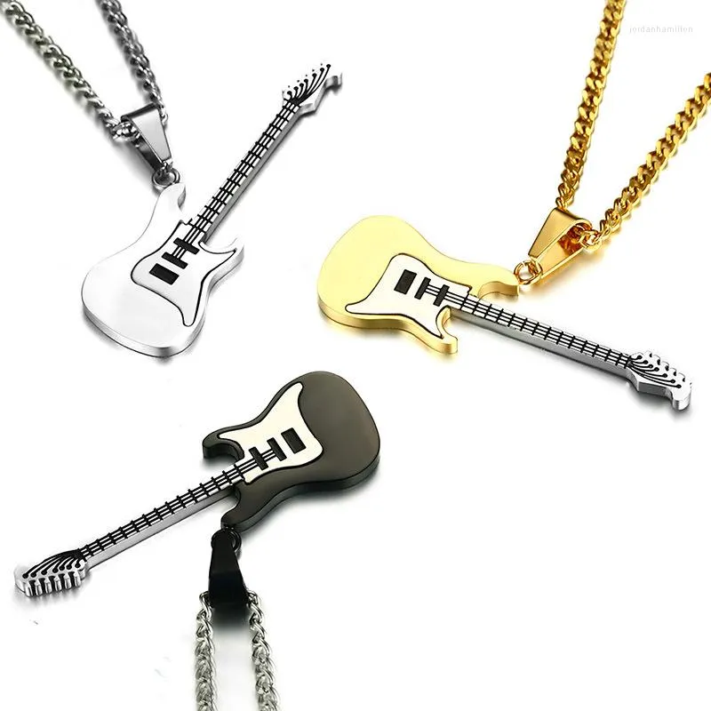 Pendentif Colliers Hommes Qualité En Acier Inoxydable Collier De Mode Guitare Noir Or Argent Couleur Punk 60 cm Chaîne