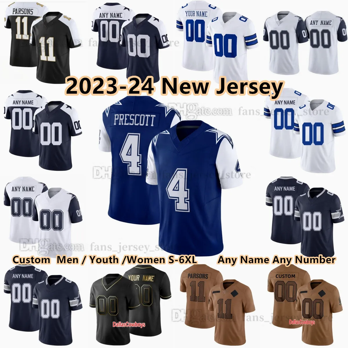 Anpassad S-6XL DIY DAK Prescott Football Jerseys Ezekiel Elliott Ceedee Lamb Leighton Vander Esch Micah Parsons Rico Dowdle Trevon Diggs Deion Sanders Amari Cooper