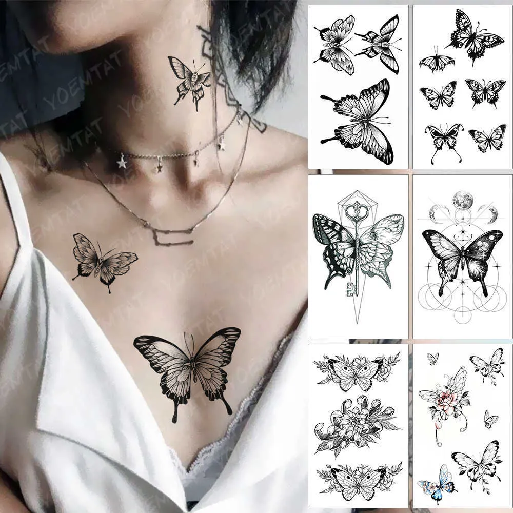 Groß sparen beim Kauf von Temporäre Schmetterling Tattoos Schwarz 5 STÜCK  Temporäre Tattoos Schwarzer Schmetterling Blume Kleine Frische Wasserdicht  ..., image size:1000x1000
