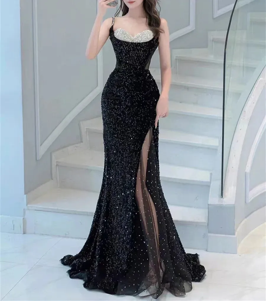 Sequin Spaghetti Strap Prom Dress with High Slit Beaded Embellishments and Sweep Train Evening Gown from Dhgate Prom Dresses - price 268.34 Sequin Spaghetti Strap Prom Dress with High Slit Beaded Embellishments and Sweep Train Evening Gown from Dhgate Prom Dresses - price 268.34