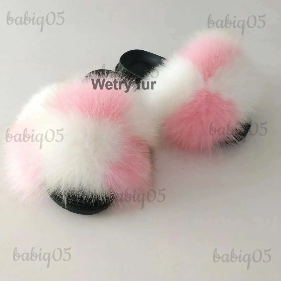 2020 Kids Real Fox Raccoon Slides Chinelos Menina Talltor Toddler Baby Girls Shoes Fox Fur Slides for Kids T231104