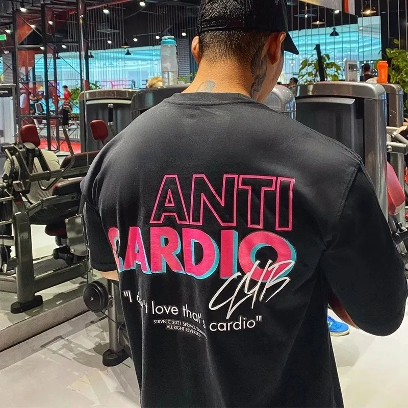 Mens Tshirts Anti cardio casual överdimensionerade korta ärmar Bomull T Shirt Gym Fitness Manlig träning Träning Bomull Tees Top Fashion Clothes 230404