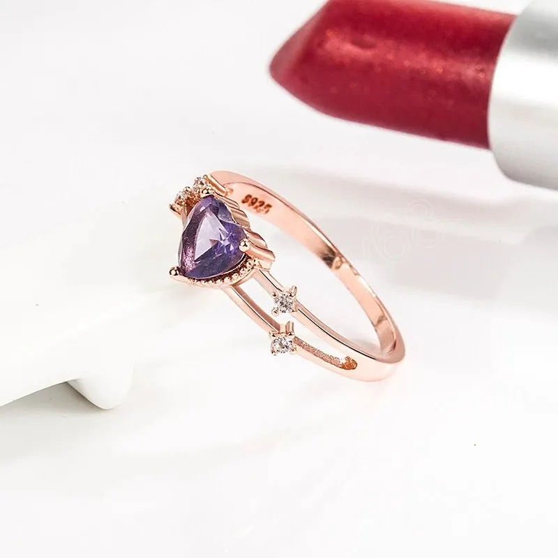 Moda gül altın taklit ametist yüzüğü lüks kalp şeklinde kristal zirkon yüzüğü sevimli zarif minyon bayan mücevher
