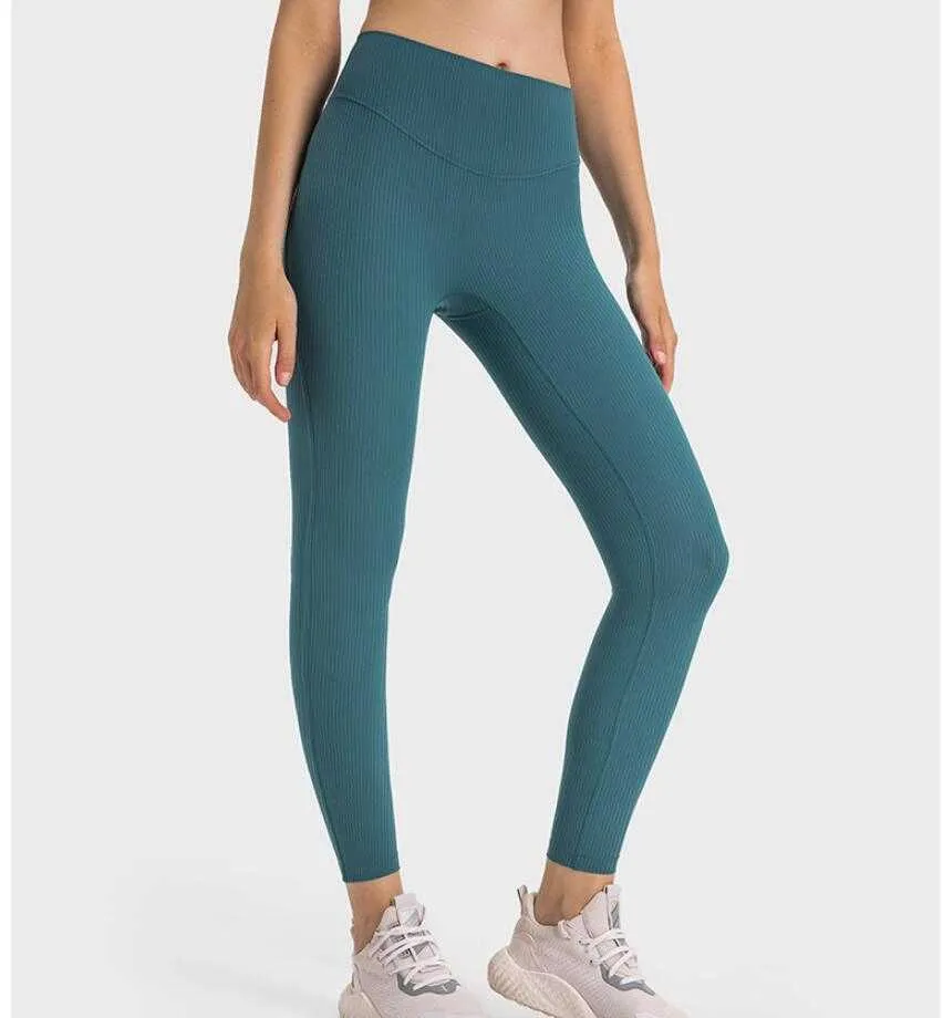 LU-378 Yoga kläder leggings randiga rib hög nivå nakenformade sportstrumpbyxor kvinnor t linje anti curl smal fit sportbyxor gymkläder