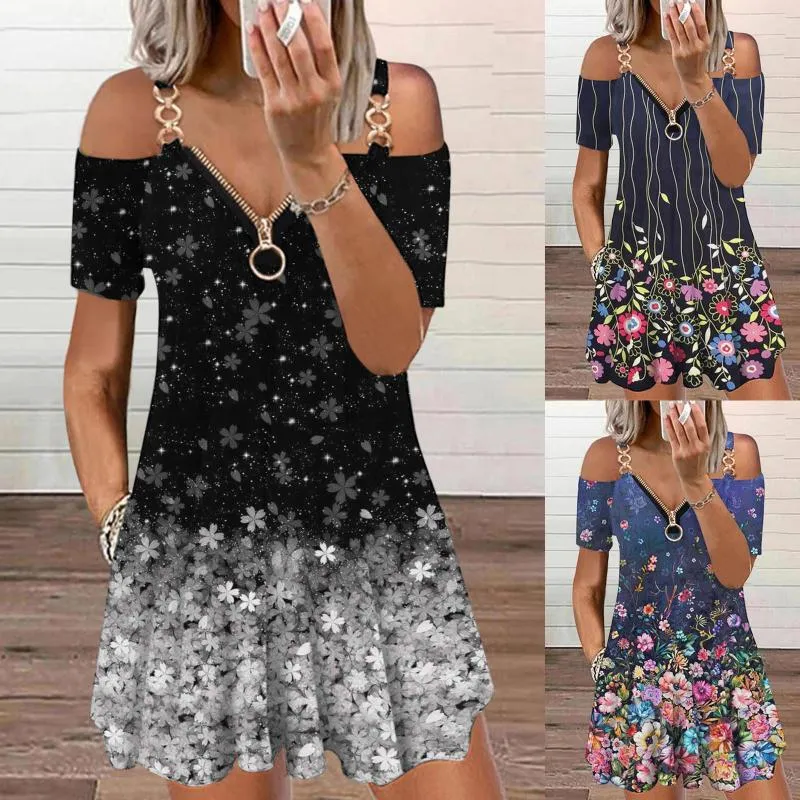 Casual Dresses Women Cold Shoulder Short Sleeve Dress Sexy V Neck Zipper Floral Print Shirt Summer Beach Sundress Vestidos 2023