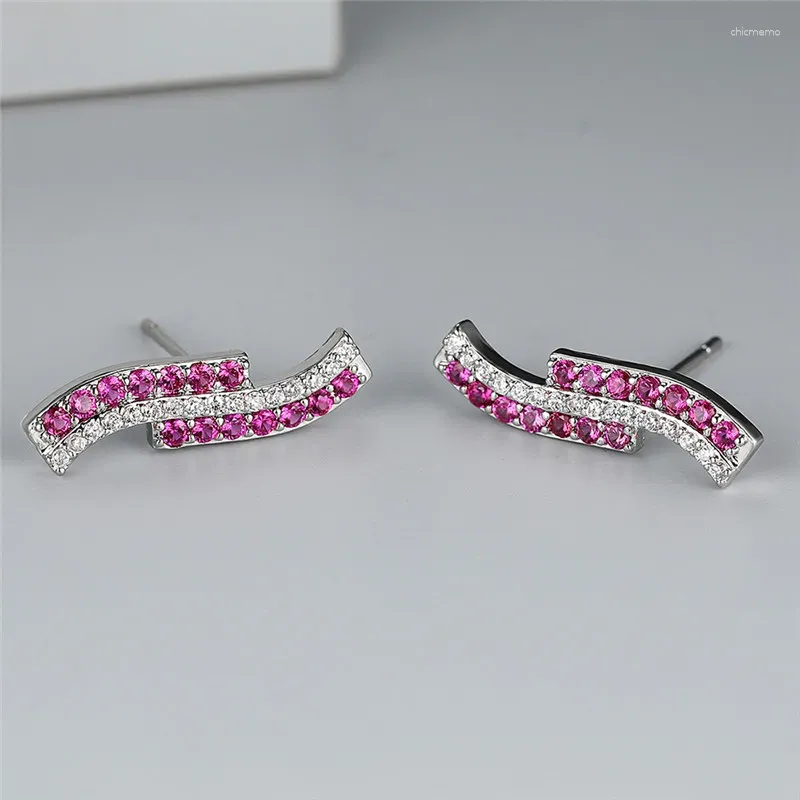 Stud Earrings Minimalist Rose Red Stone Wave For Women Silver Color Inlay Small Zircon Wedding Ear Studs Engagement Jewelry Gift