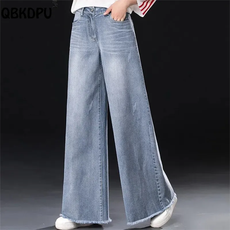 Женские джинсы повседневные отбелившие джинсы с широкими джинсами женские женские талию негабаритные 34 брюки для джинсовой ткани Корейские модные кисточки с прямыми Vaquerom 230404