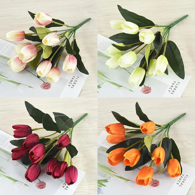Fleurs décoratives 9 têtes/branche faux bouquet de tulipes avec des décorations de fleurs artificielles de feuille pour la maison/bureau/cuisine mariage mariée 11 pouces
