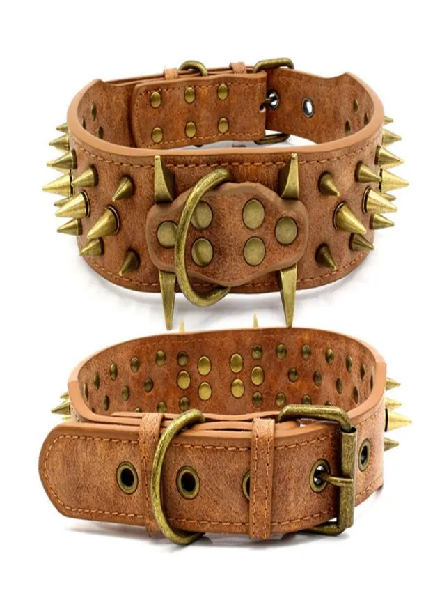 Lyxdesigner Retro Antibite Bronze Spiked Rivet Dog Collar Justerbara PU Leather 3 Colors 2 Storlekar för stora hundar L SHARP BROW4640304