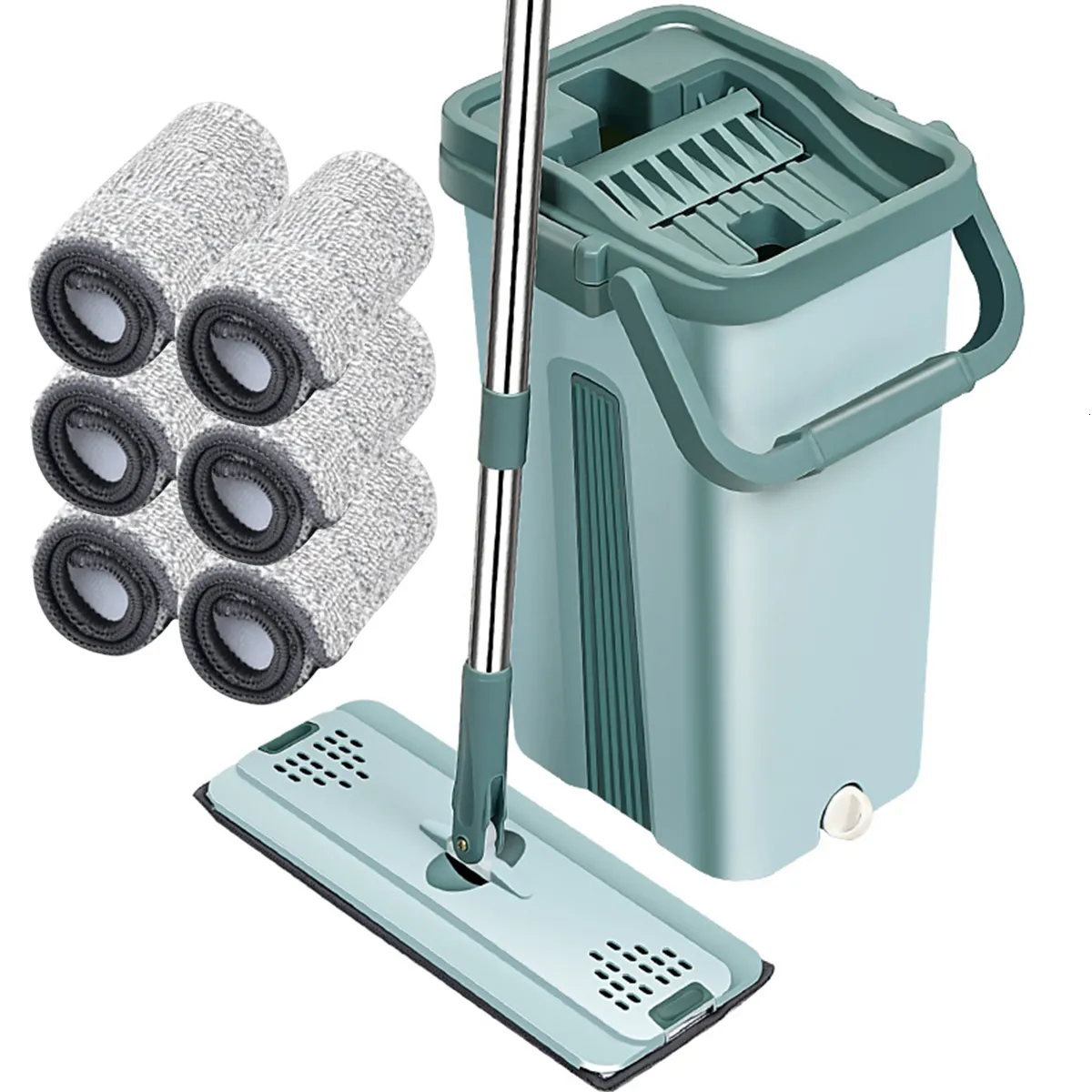 Mops mop and bucket set with 6 replacement mop pads flat mop reusable microfiber cleaning mop bucket easy to squeeze 230412