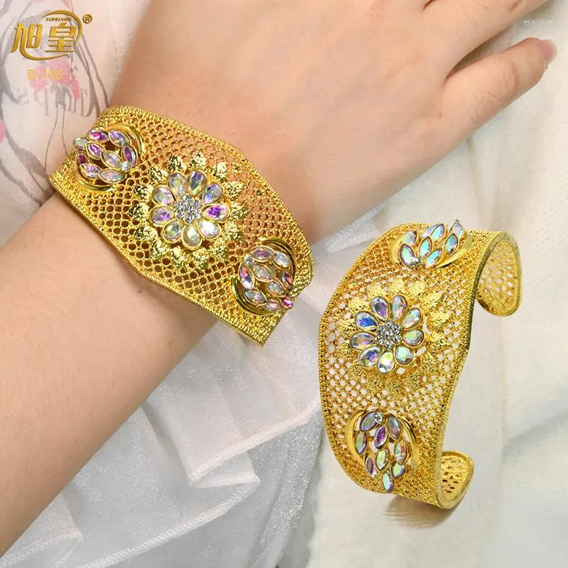 Bangle XUHUANG African Vintage Royal Luxury Cuff Bangles For Women Wedding Party Zircon Crystal Dubai Gold Plated Jewelry Gifts