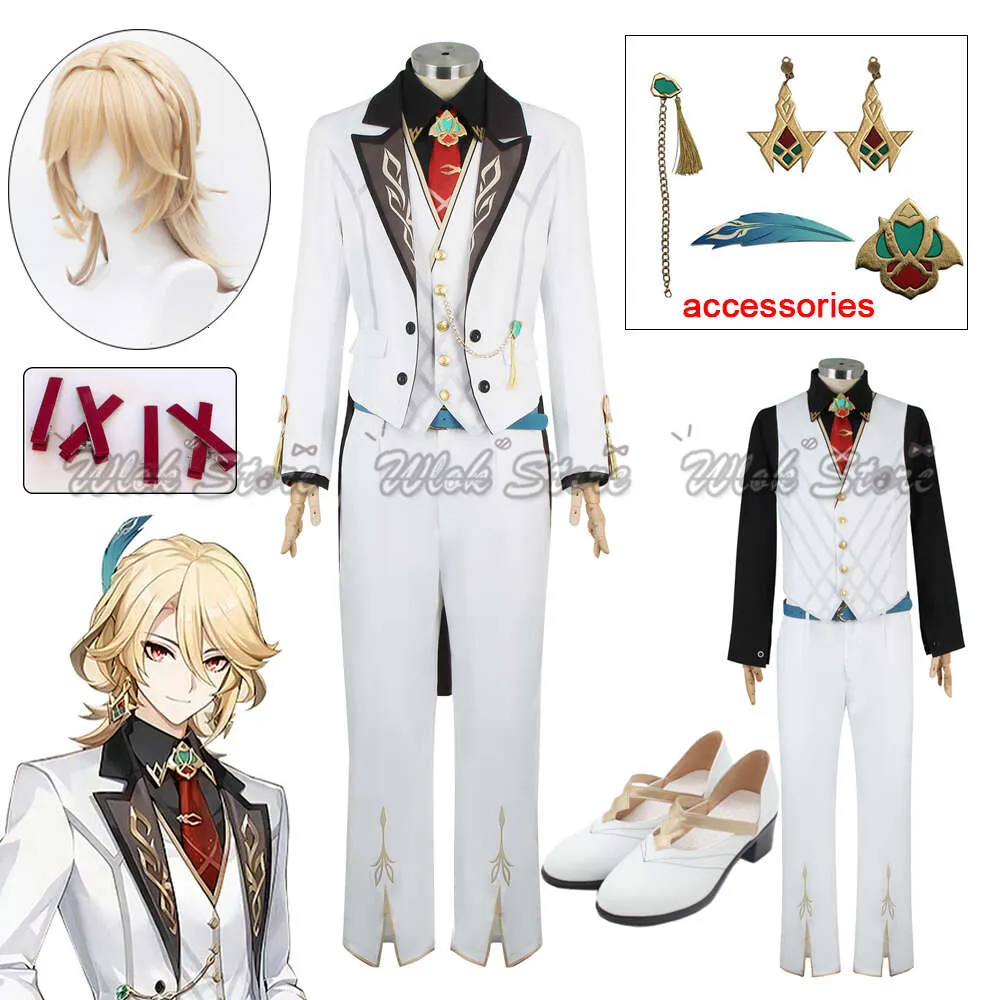 Costume de Cosplay Genshin Impact Kaveh, ensemble complet de costumes blancs, boucles d'oreilles en plumes, épingles à cheveux, tenue de carnaval d'halloween, chaussures de perruque