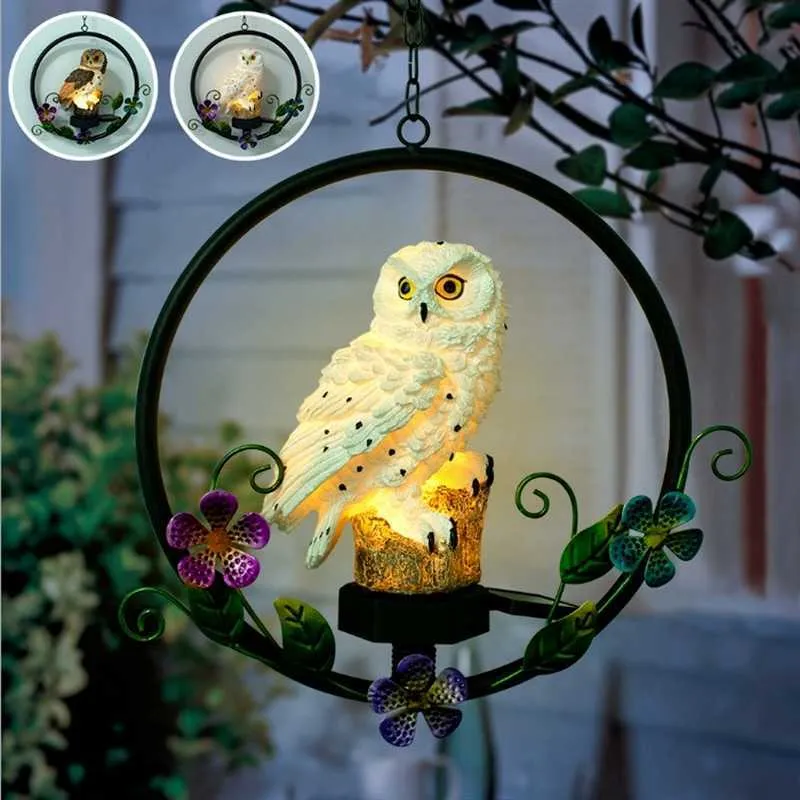 Novelty Lighting Solar Owl Solar LED Light Outdoor Garden Solar Light Waterproof Owl Led Lamp Hängande svängningsharts Natt Ljus Balkong Decoration P230403