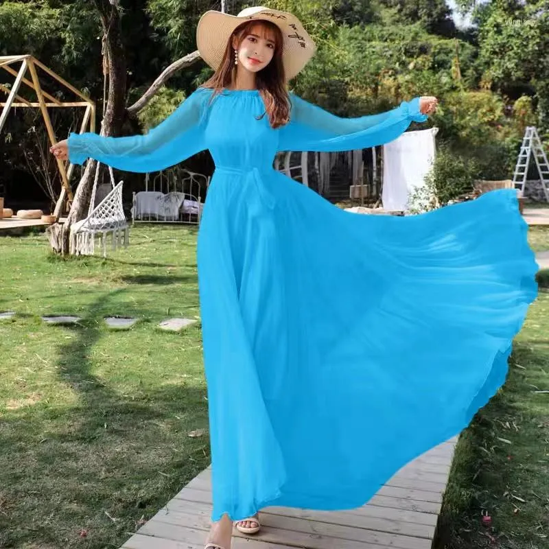 Casual Dresses Summer 2023 Super Long Oversized Chiffon Dress Large Size Holiday Bohemian Fashion Solid Color Elegant Maxi Beach H1434