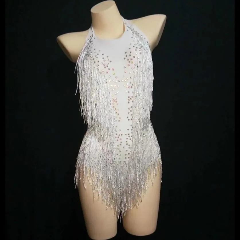 Stage Wear Sparkly Strass Blanc Gland Body Femmes Sexy Club Outfit Fringe Costume De Danse Une Pièce Spectacle Chanteur JustaucorpsStag266U